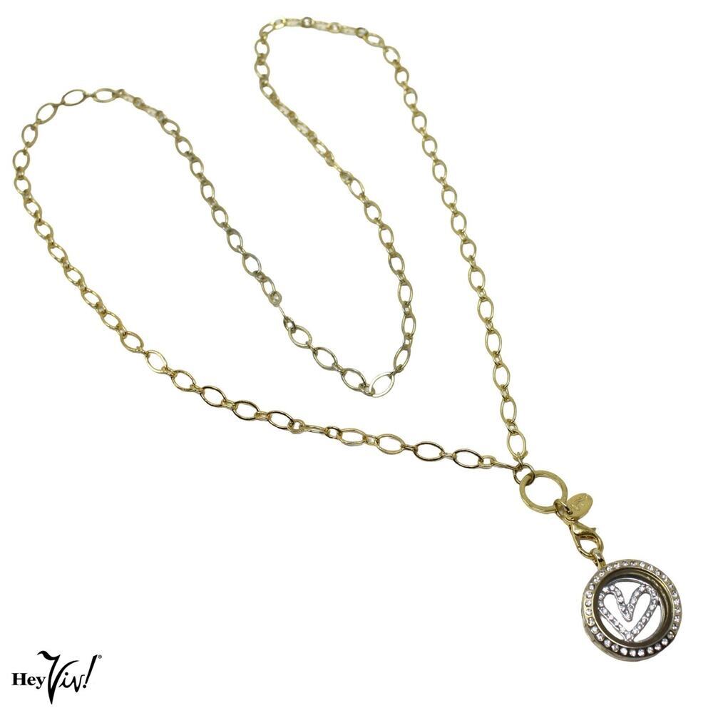 Floating Locket Necklace w Rhinestone Heart Charm Gold Tone 30” Chain - Hey Viv